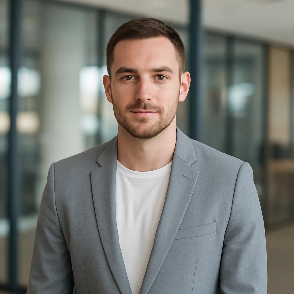 Consultant in a grey blazer and white tee standing in a glass-walled client office
