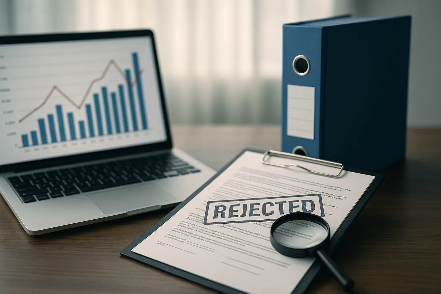 Audit report stamped REJECTED on a clipboard, with a magnifying glass, a binder, and a laptop of trend charts behind it