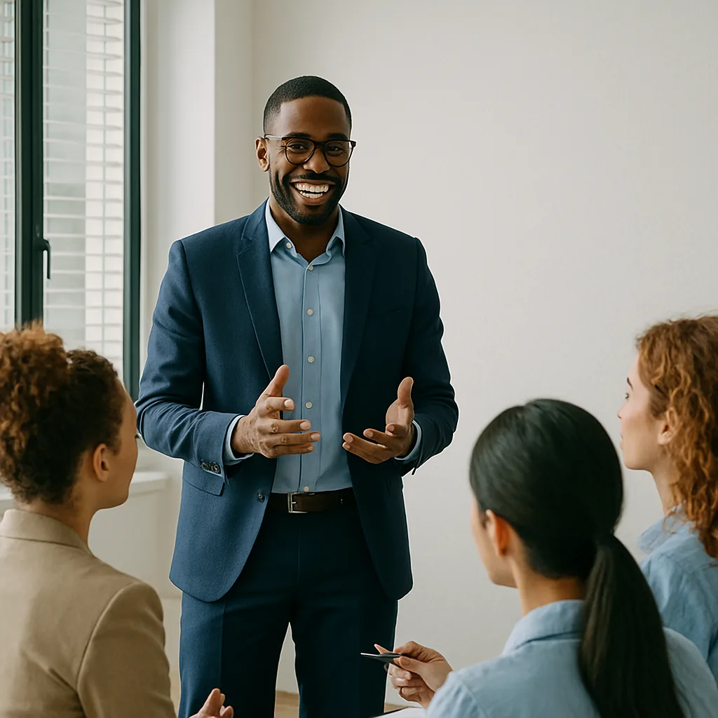 Newly promoted manager standing to facilitate a discussion with three seated colleagues in a workshop room
