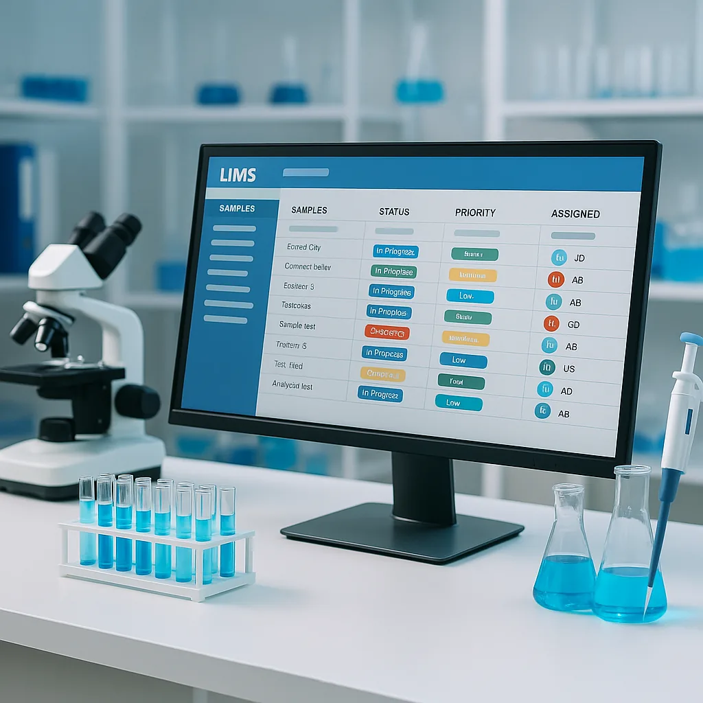 Lab monitor showing a LIMS sample queue with status, priority, and assignee columns, beside a microscope and racked samples