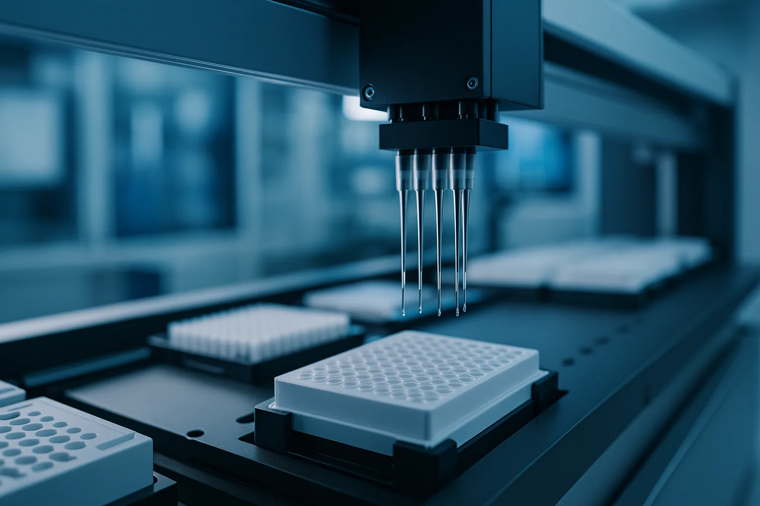 Automated liquid handler lowering pipette tips into a 96-well microplate, with further sample trays queued behind it