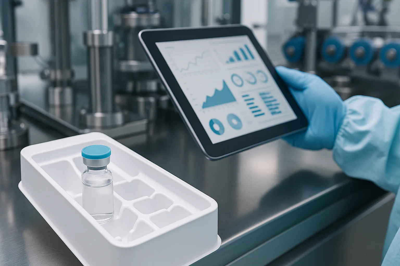 Gloved hand holding a tablet of quality trend charts beside a capped glass vial on a stainless steel filling line