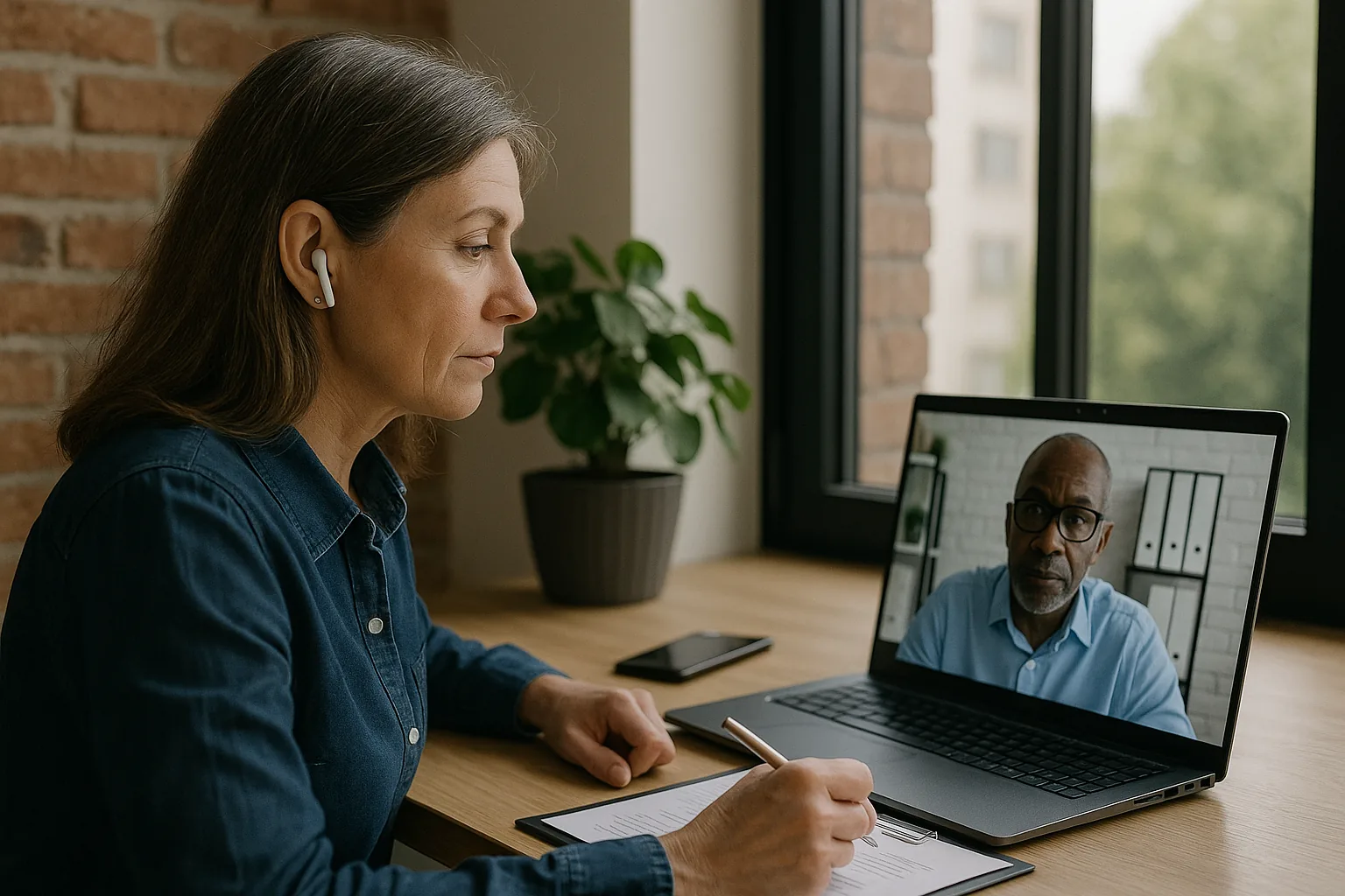 Auditor filling in a paper checklist while a supplier contact answers over a laptop video call