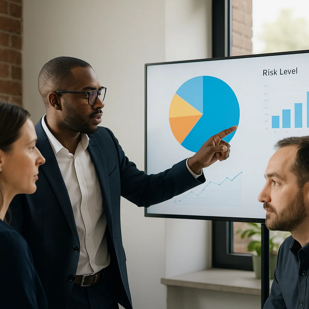 Consultant pointing at a risk-level pie chart on a wall monitor while two colleagues weigh the supplier scoring